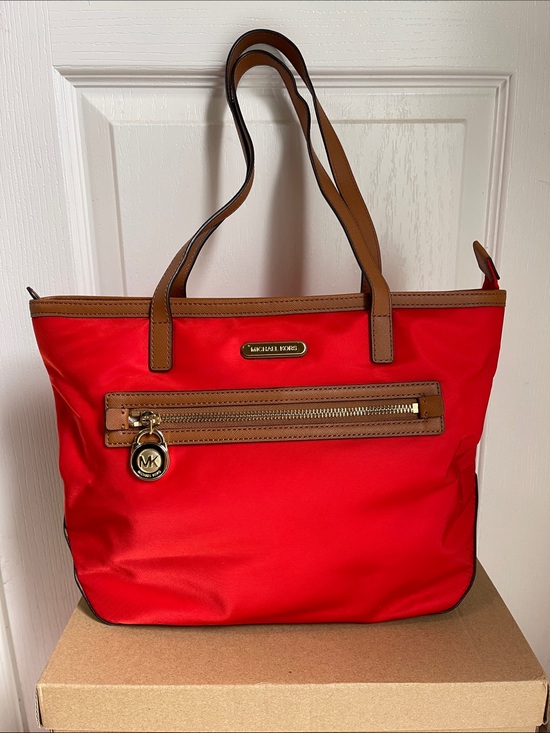 Michael Kors Handbags - Michael Kors Red Nylon Tote with Brown Leather Trim and Gold Hardware